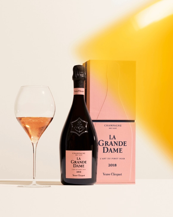 Veuve Clicquot Bottle of La Grande Dame Ros&eacute; 2018 with a glass and giftbox