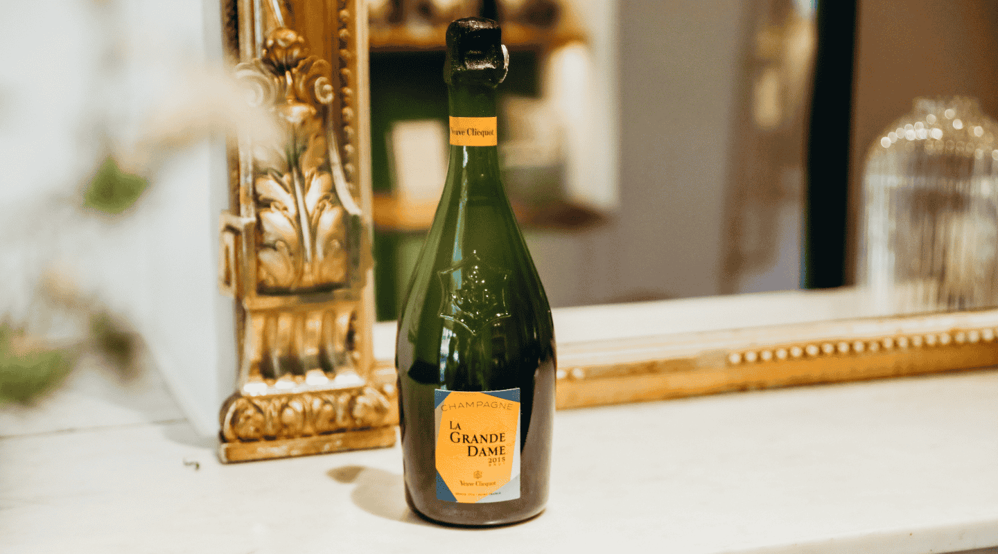 Bottle of Veuve Clicquot champagne La Grande Dame 2015 in front of a mirror