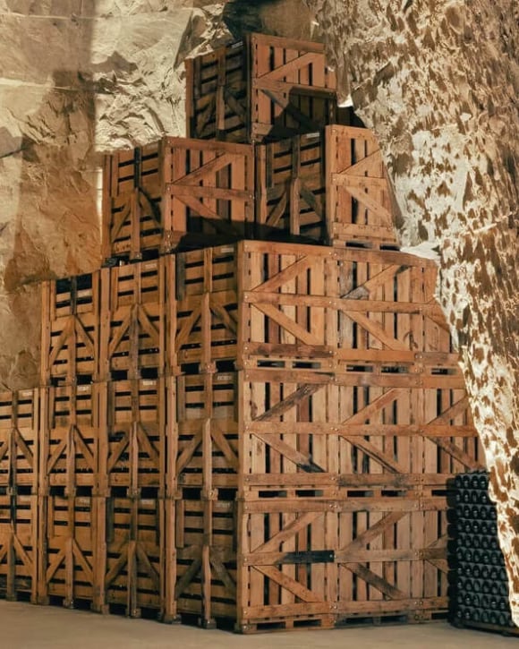 Cases of Veuve Clicquot champagne bottles for distribution