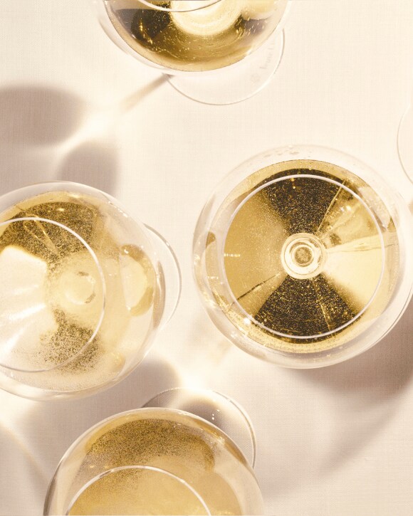 Assortment of champagne glasses viewed from above