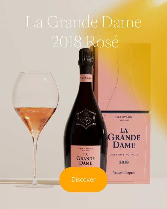Bottle of Veuve Clicquot La Grande Dame 2018 Ros&eacute; with a glass and giftbox