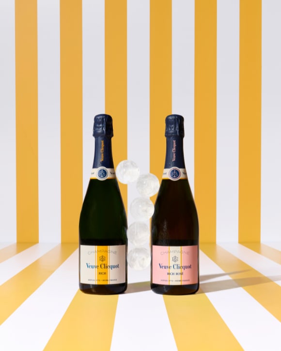 Bottles of RICH and RICH Rosé champagnes with ice spheres