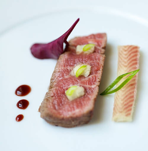 Veuve Clicquot - Kobe beef with smoked eel and coral sauce